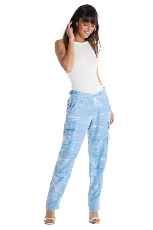 100% Silk relaxed cargo in Blue Camo