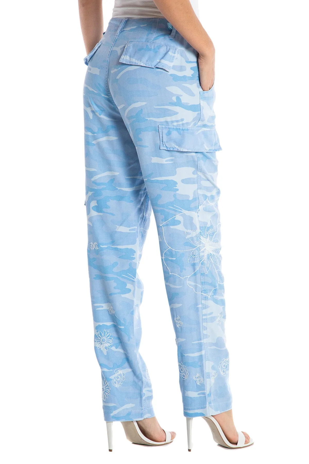100% Silk relaxed cargo in Blue Camo