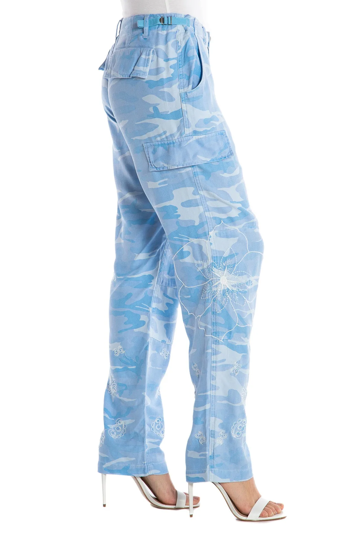 100% Silk relaxed cargo in Blue Camo