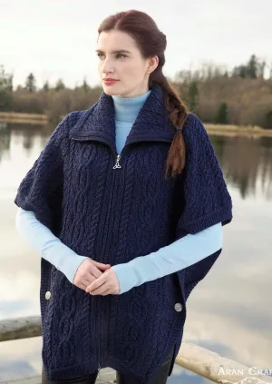 Aran Crafts Funnel Neck Cardigan | Blue - Clearance