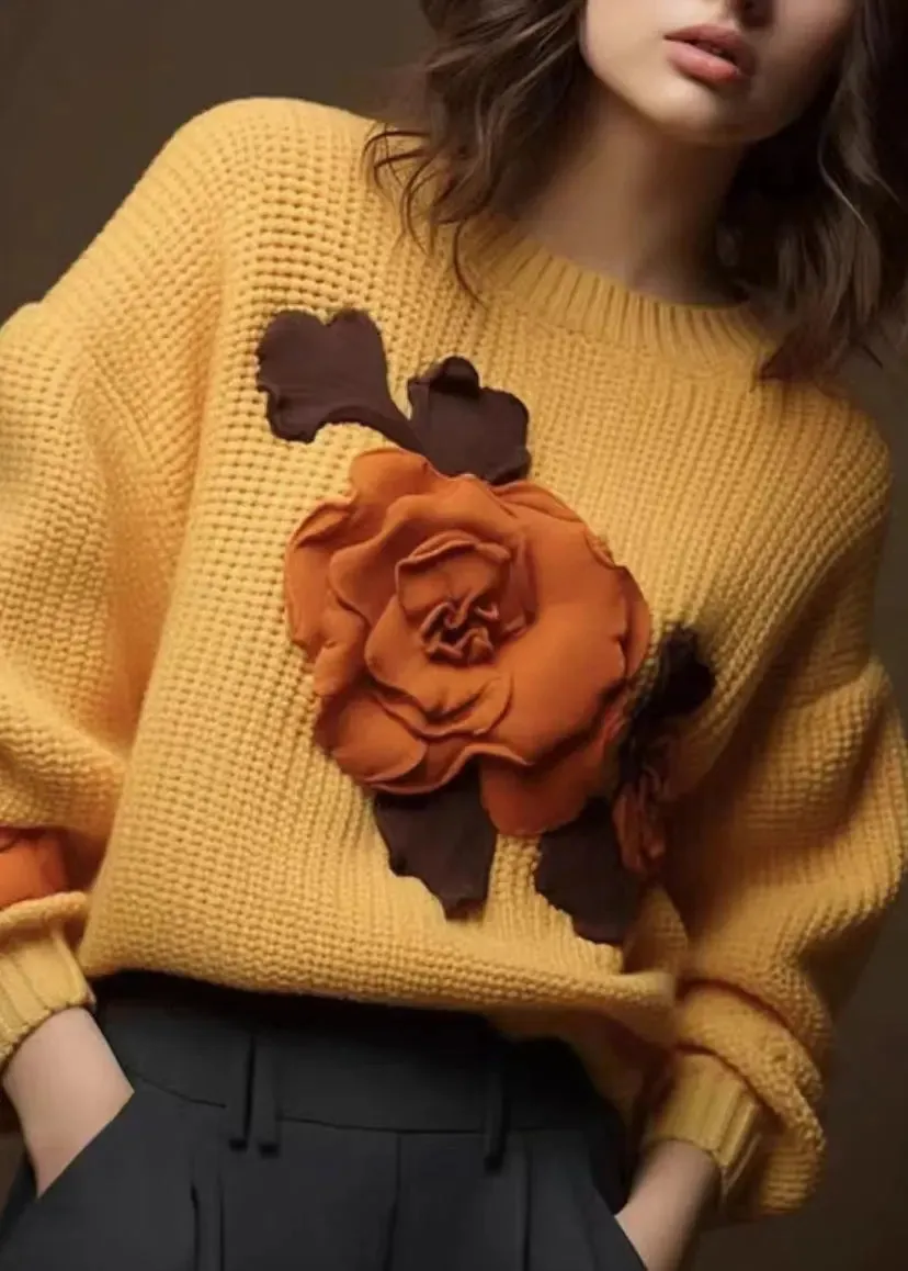 Art Yellow Floral  Cozy Cotton Knit Tops Fall ML3232