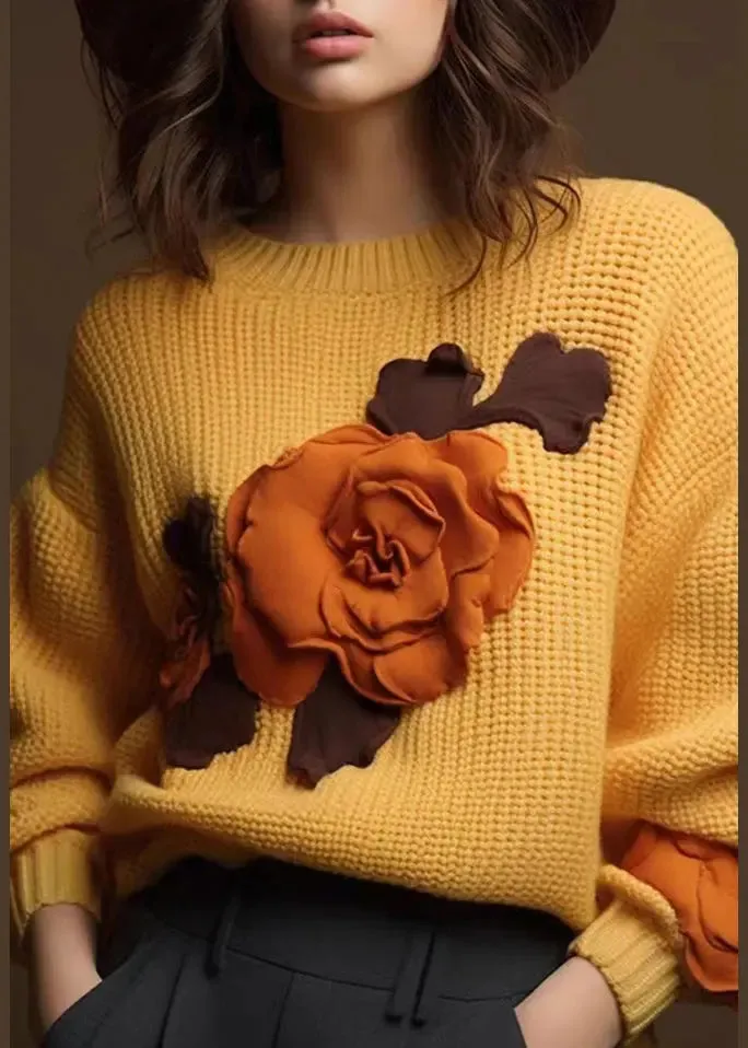 Art Yellow Floral  Cozy Cotton Knit Tops Fall ML3232