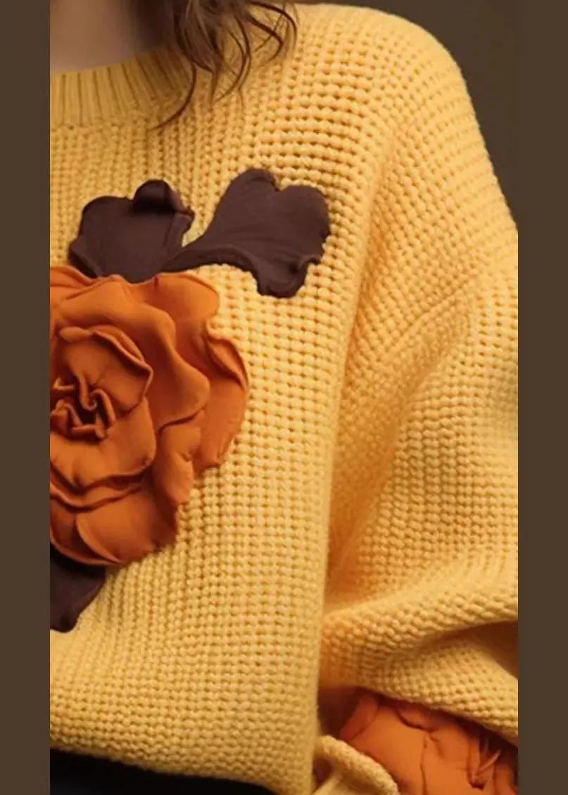 Art Yellow Floral  Cozy Cotton Knit Tops Fall ML3232