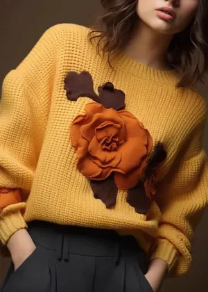 Art Yellow Floral  Cozy Cotton Knit Tops Fall ML3232