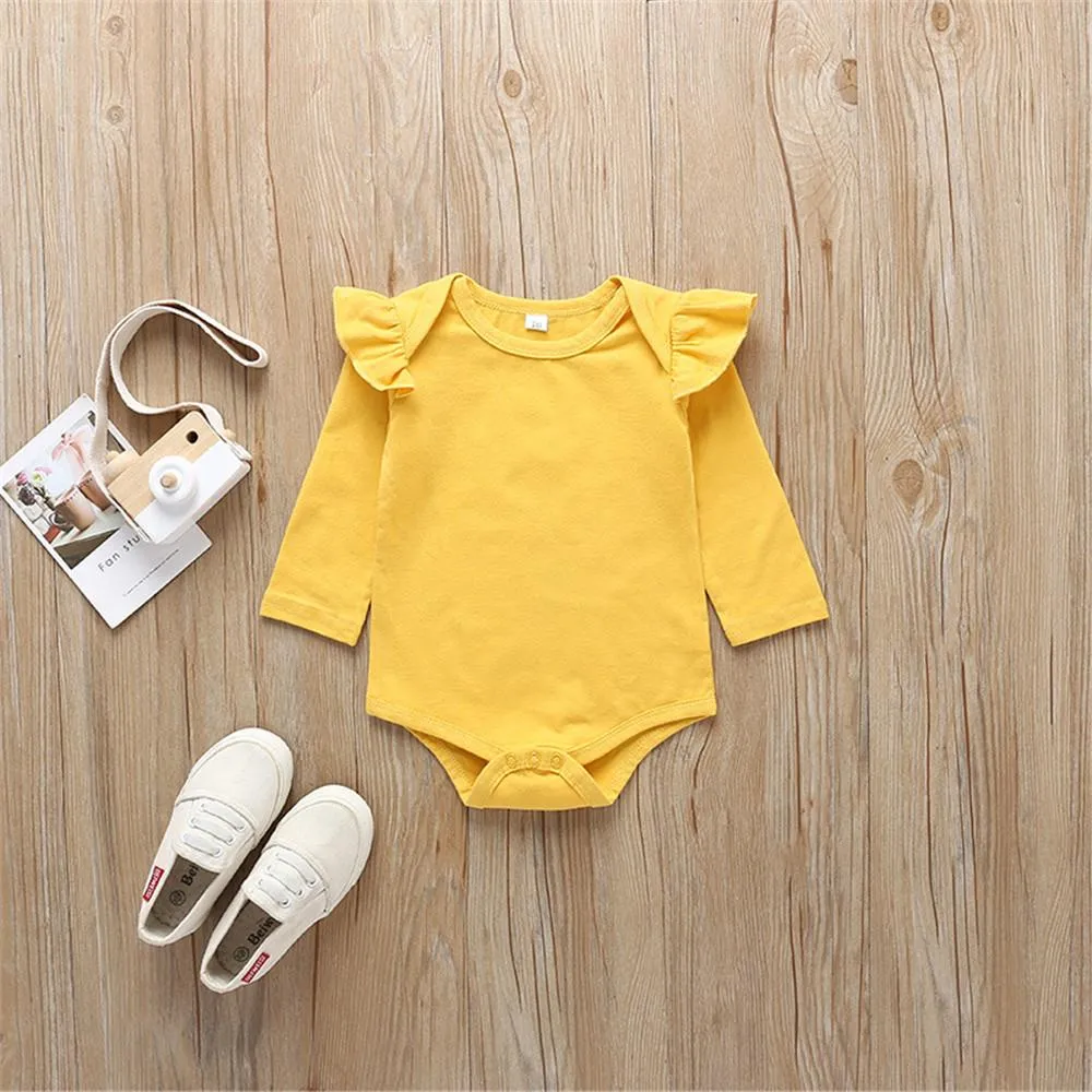 Baby Solid Long Sleeve Ruffled Romper & Floral Pants & Headband