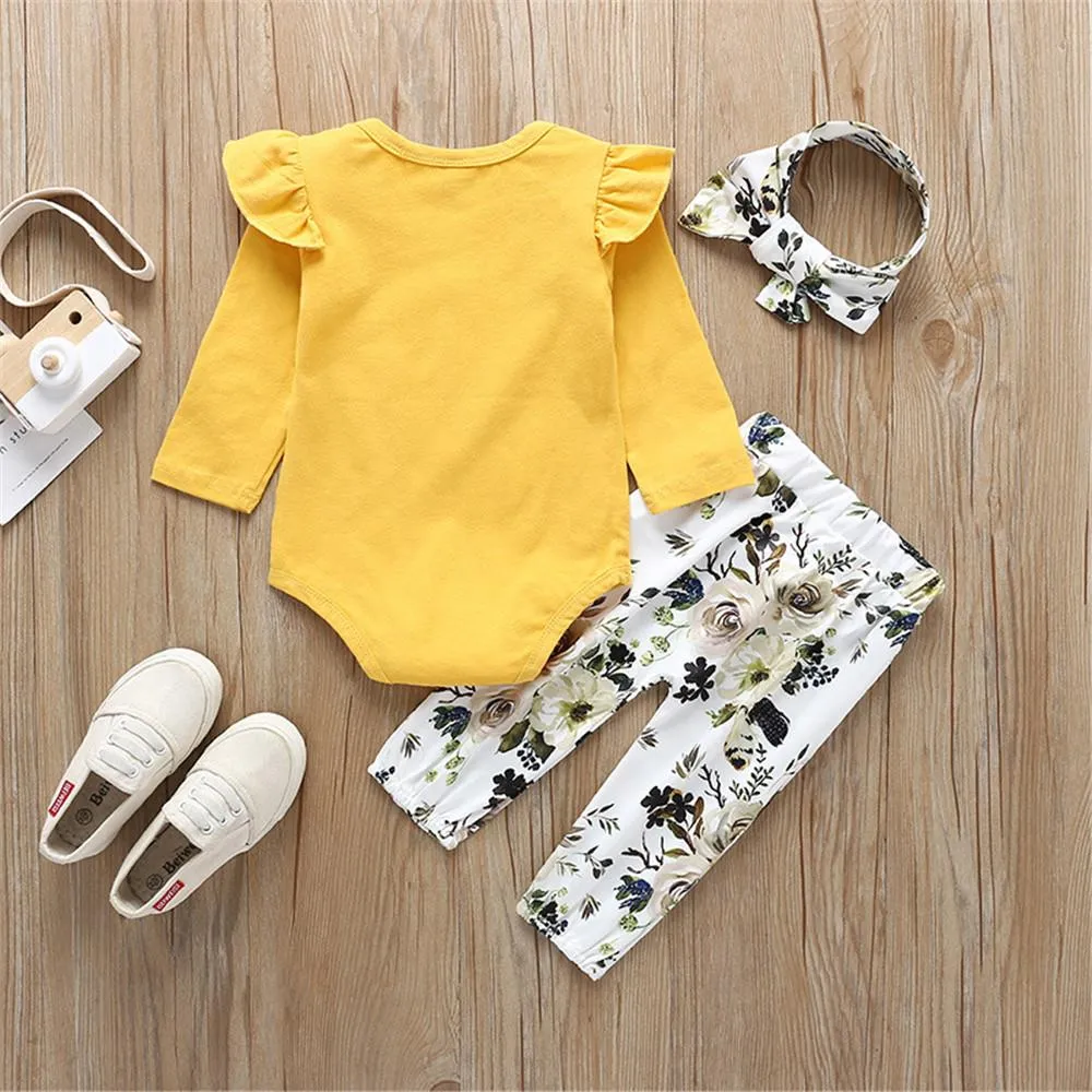 Baby Solid Long Sleeve Ruffled Romper & Floral Pants & Headband
