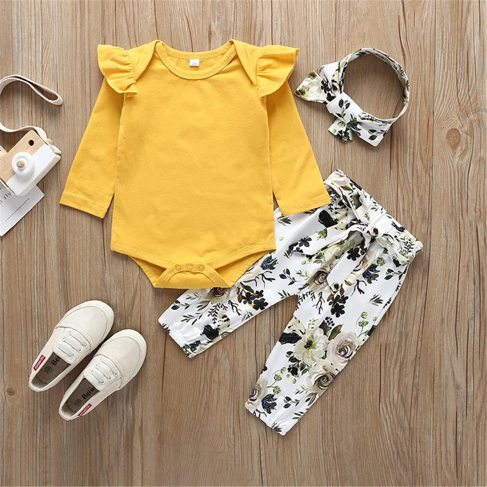 Baby Solid Long Sleeve Ruffled Romper & Floral Pants & Headband