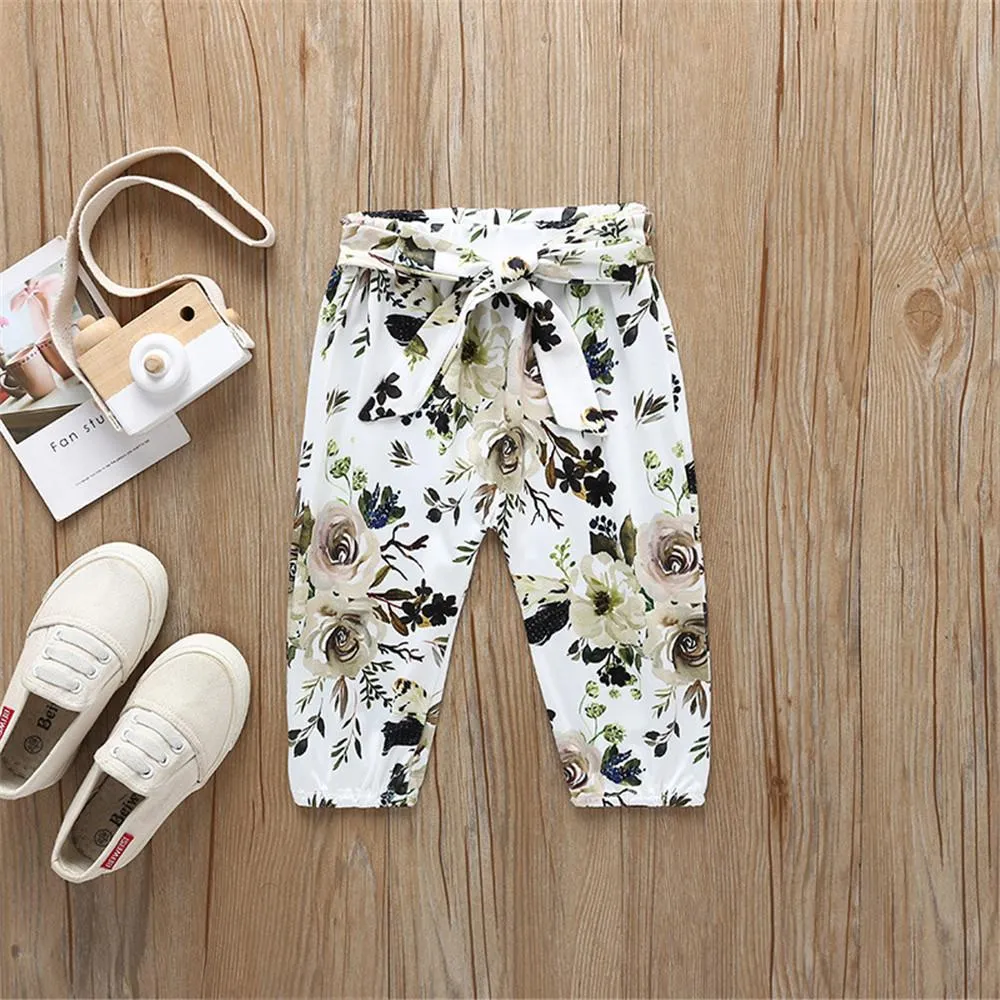 Baby Solid Long Sleeve Ruffled Romper & Floral Pants & Headband