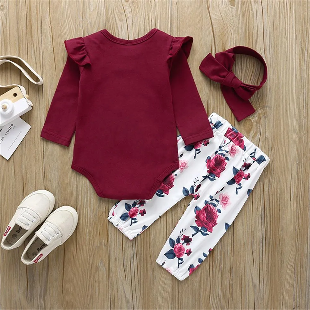 Baby Solid Long Sleeve Ruffled Romper & Floral Pants & Headband