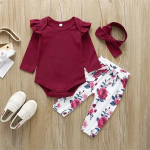 Baby Solid Long Sleeve Ruffled Romper & Floral Pants & Headband