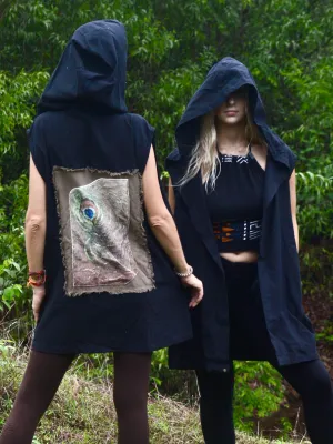 Black hooded jacket with tribal feather print