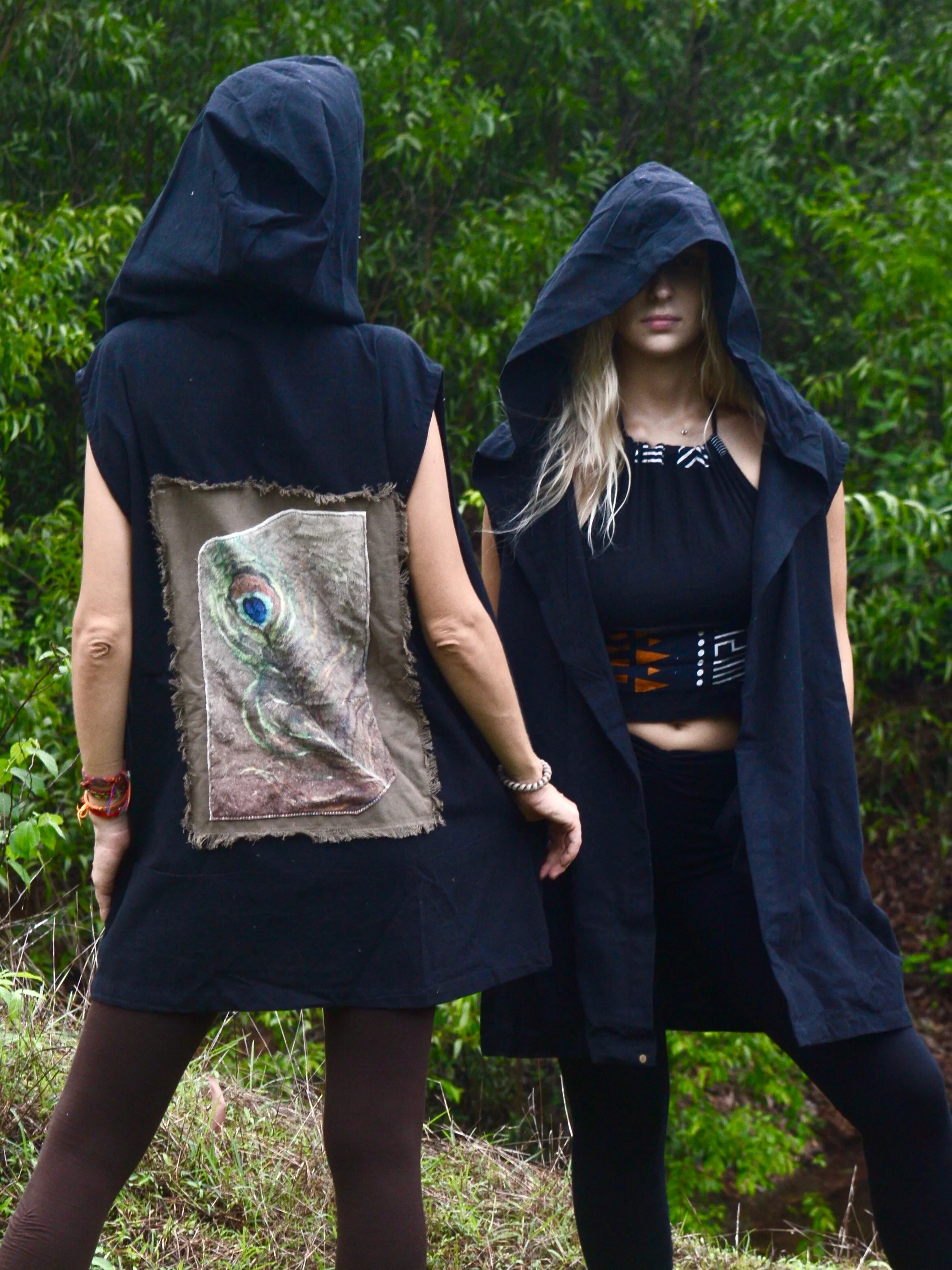 Black hooded jacket with tribal feather print