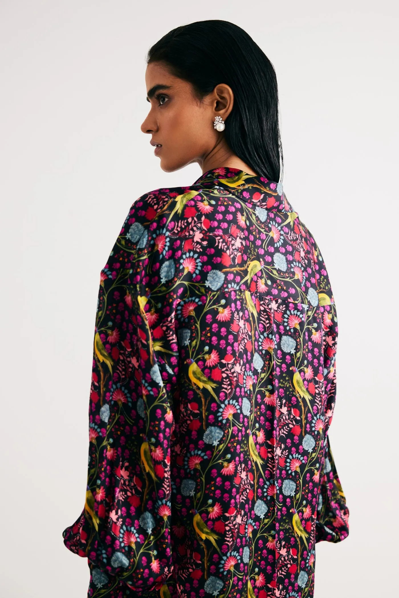 Black Parrot Print Satin Silk Shirt and Straight Pants Set