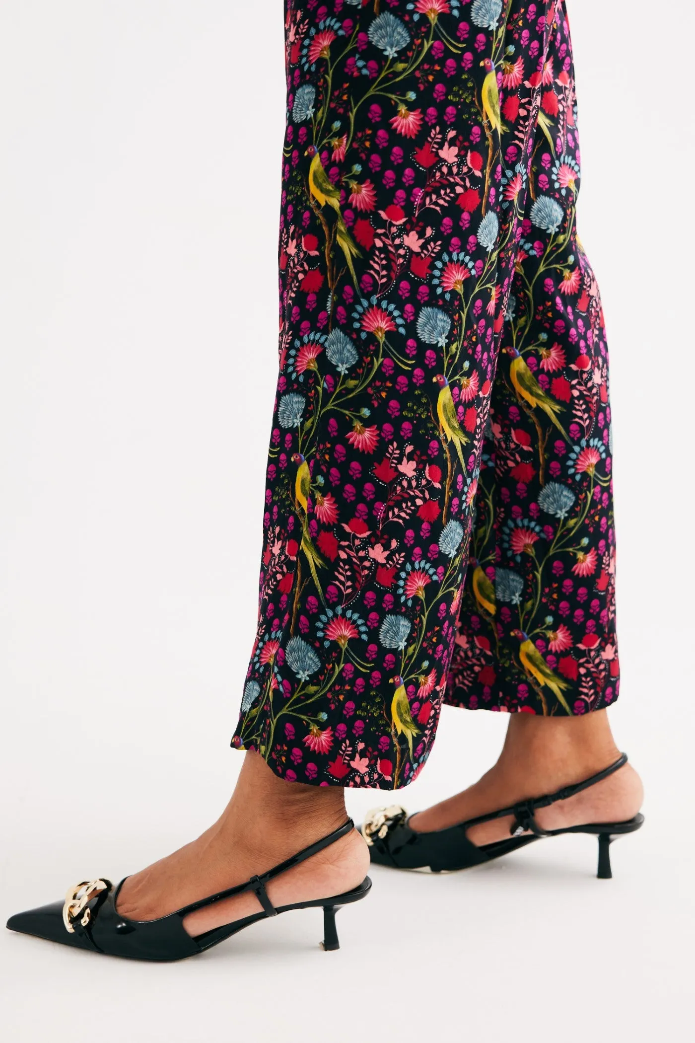 Black Parrot Print Satin Silk Shirt and Straight Pants Set