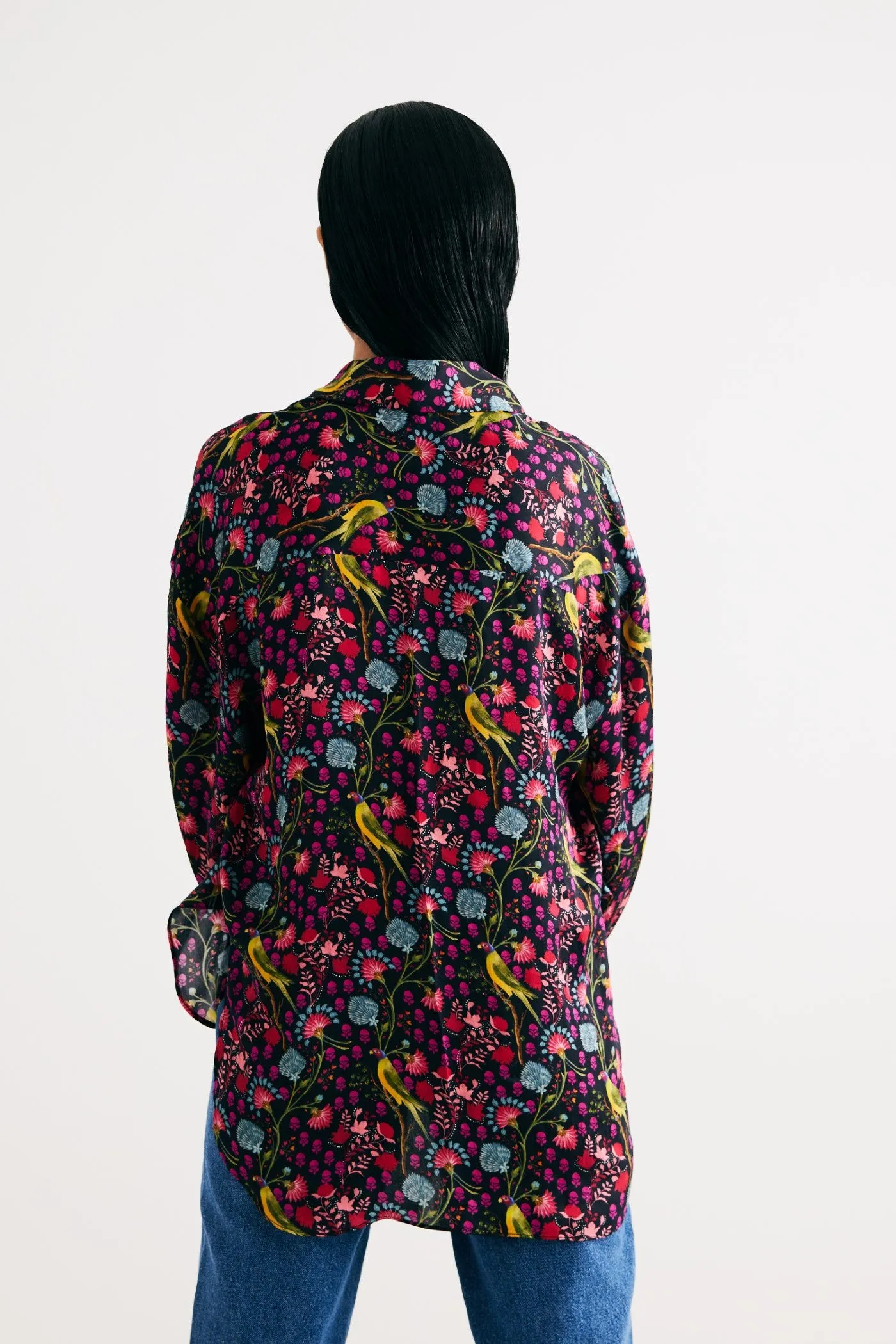 Black Parrot Print Satin Silk Shirt and Straight Pants Set