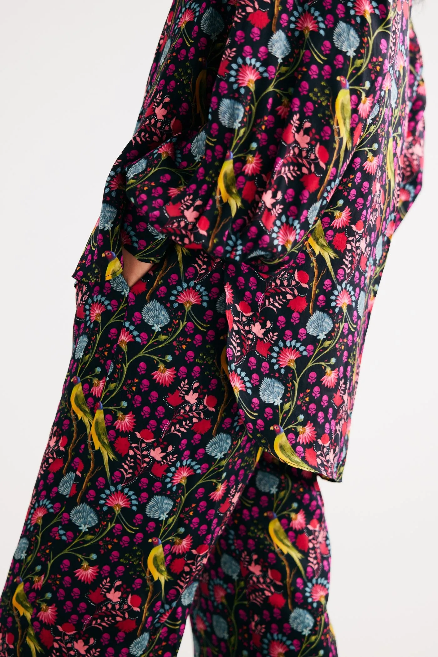 Black Parrot Print Satin Silk Shirt and Straight Pants Set