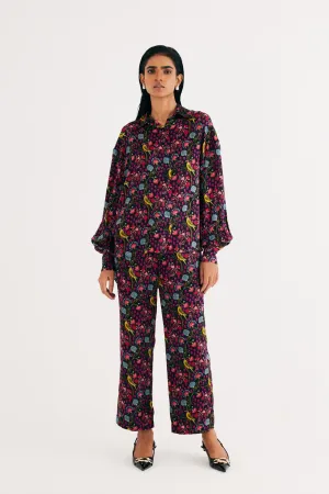 Black Parrot Print Satin Silk Shirt and Straight Pants Set