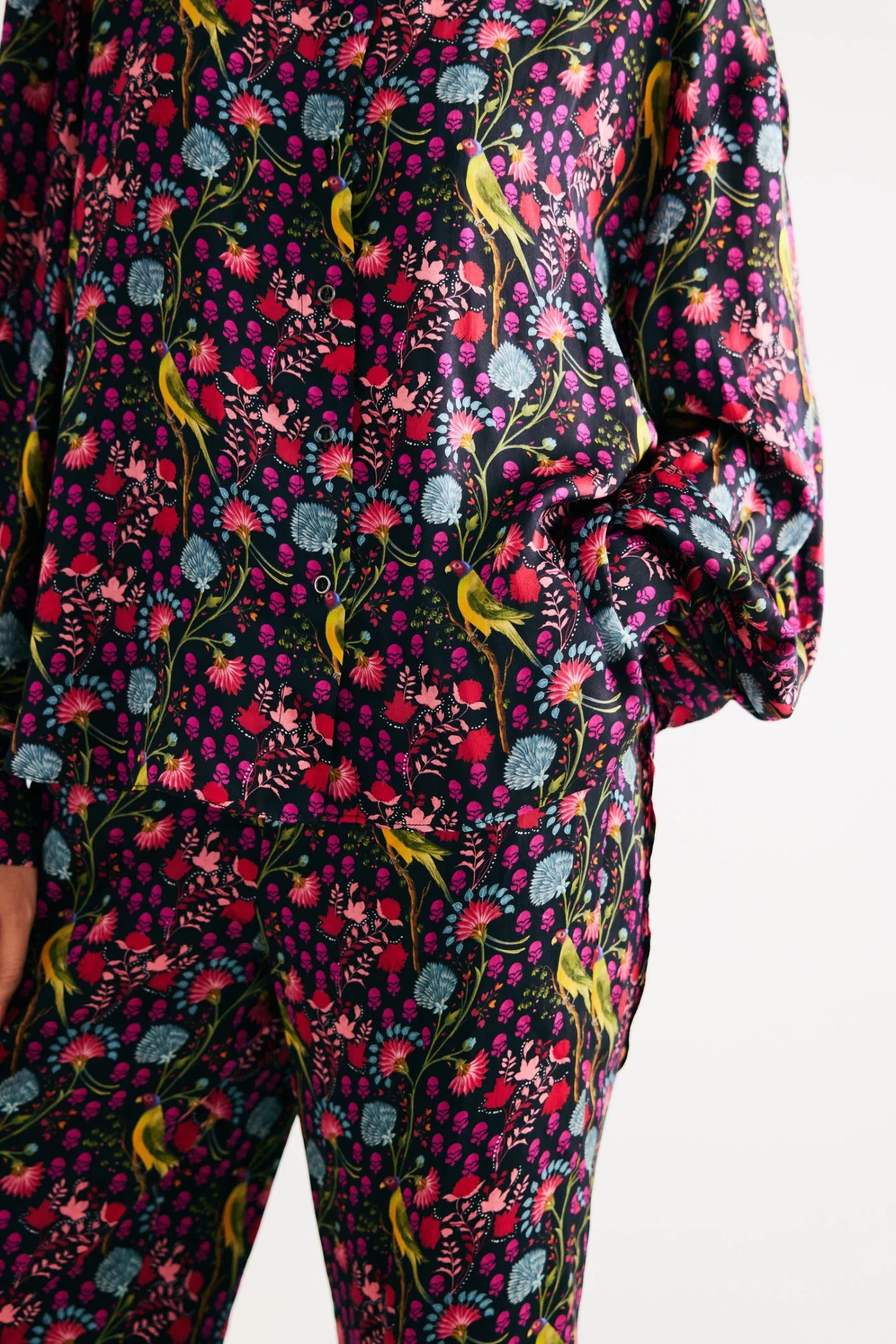 Black Parrot Print Satin Silk Shirt and Straight Pants Set