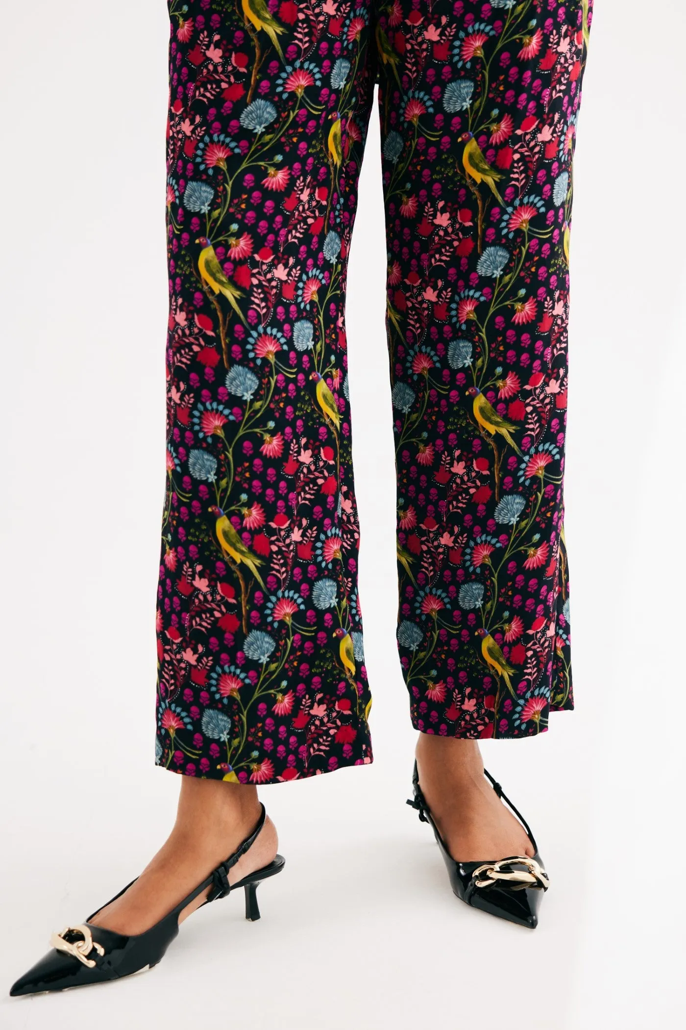 Black Parrot Print Satin Silk Shirt and Straight Pants Set