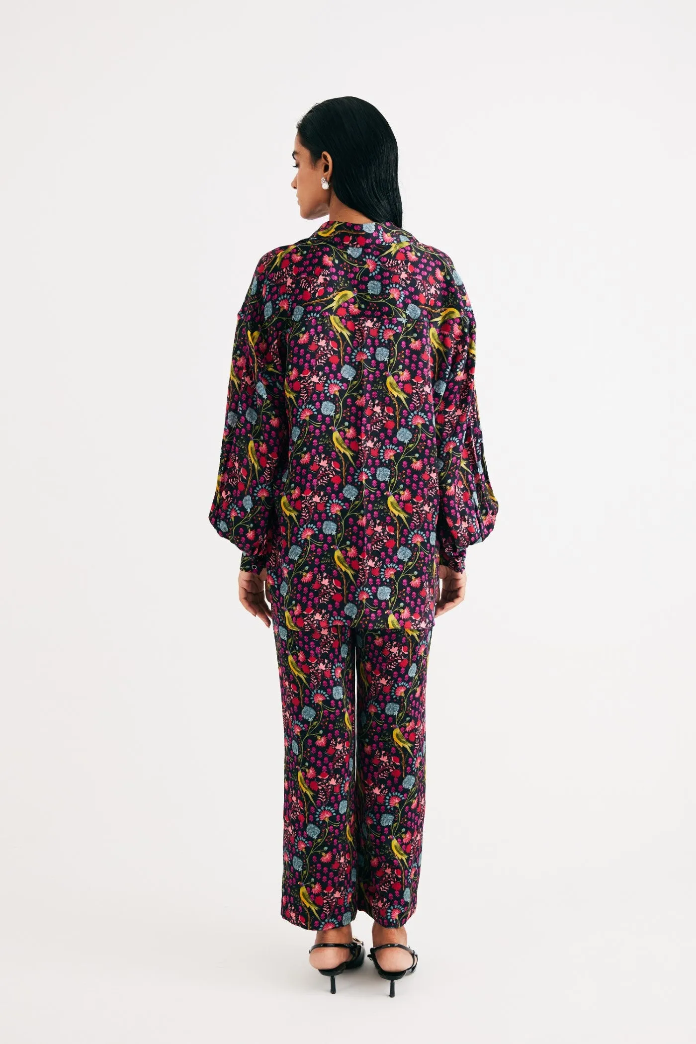 Black Parrot Print Satin Silk Shirt and Straight Pants Set