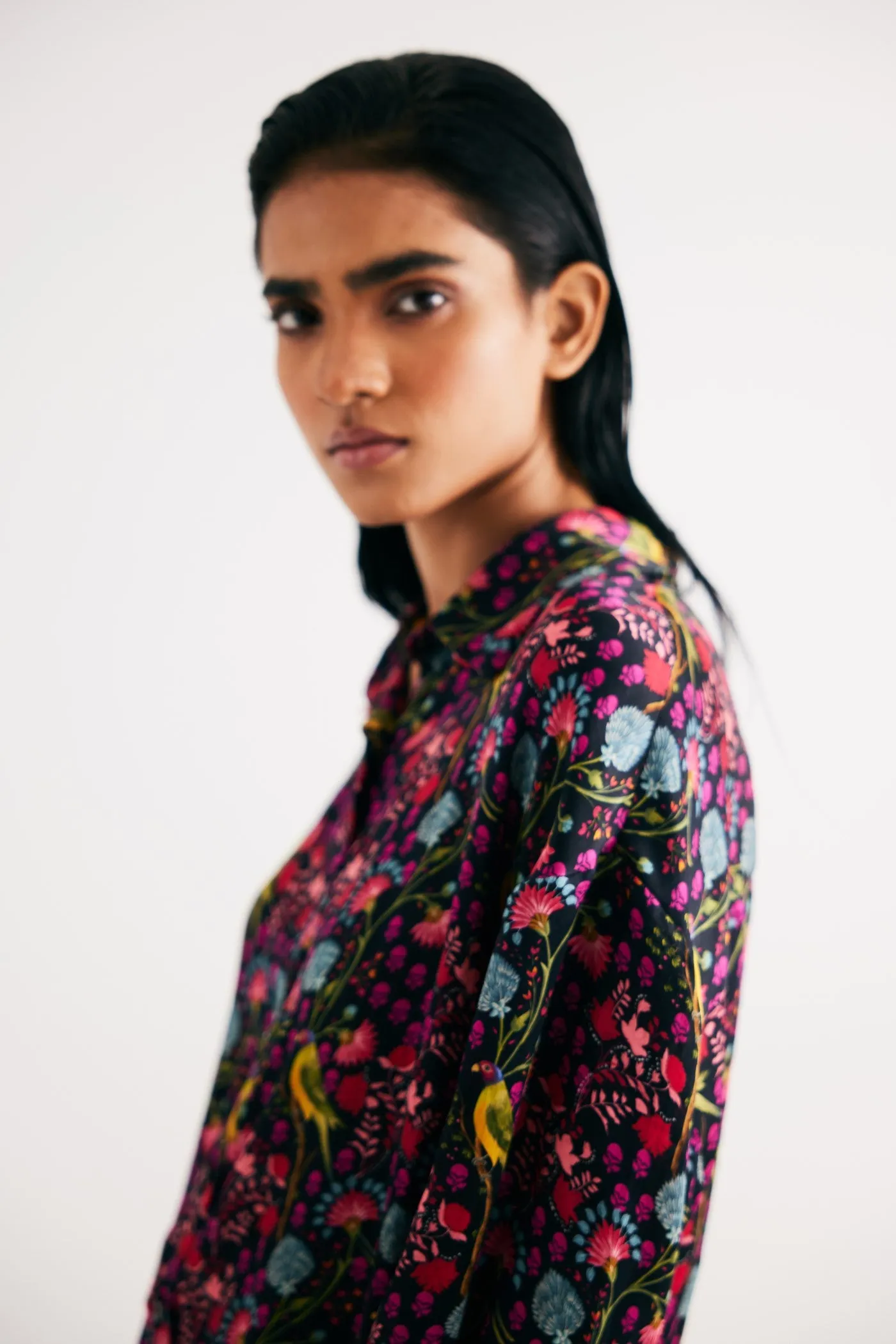 Black Parrot Print Satin Silk Shirt and Straight Pants Set