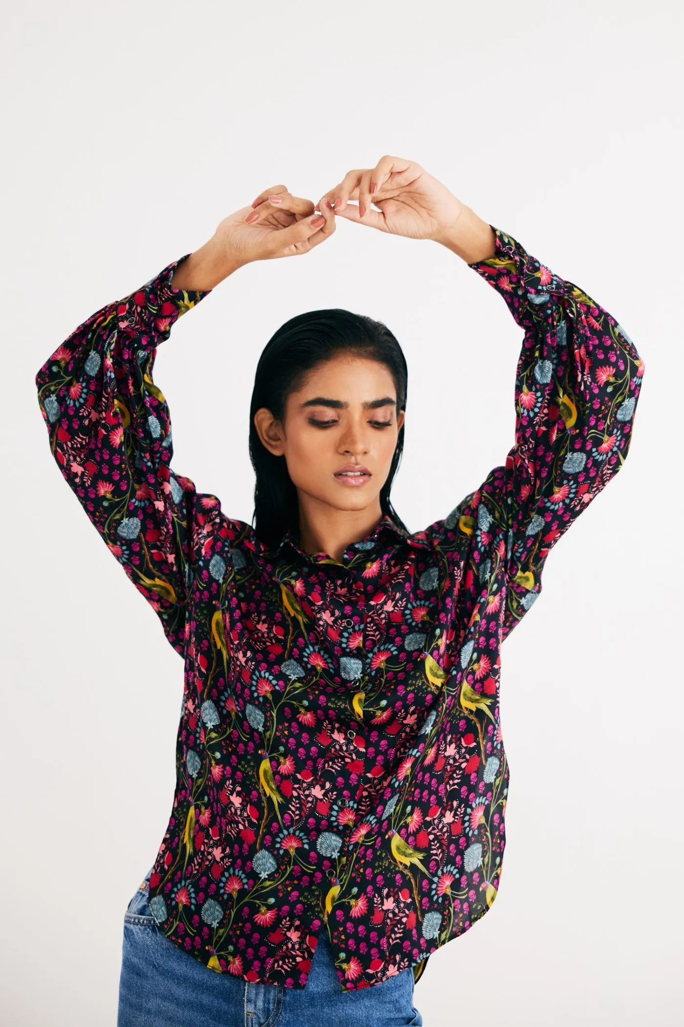 Black Parrot Print Satin Silk Shirt and Straight Pants Set