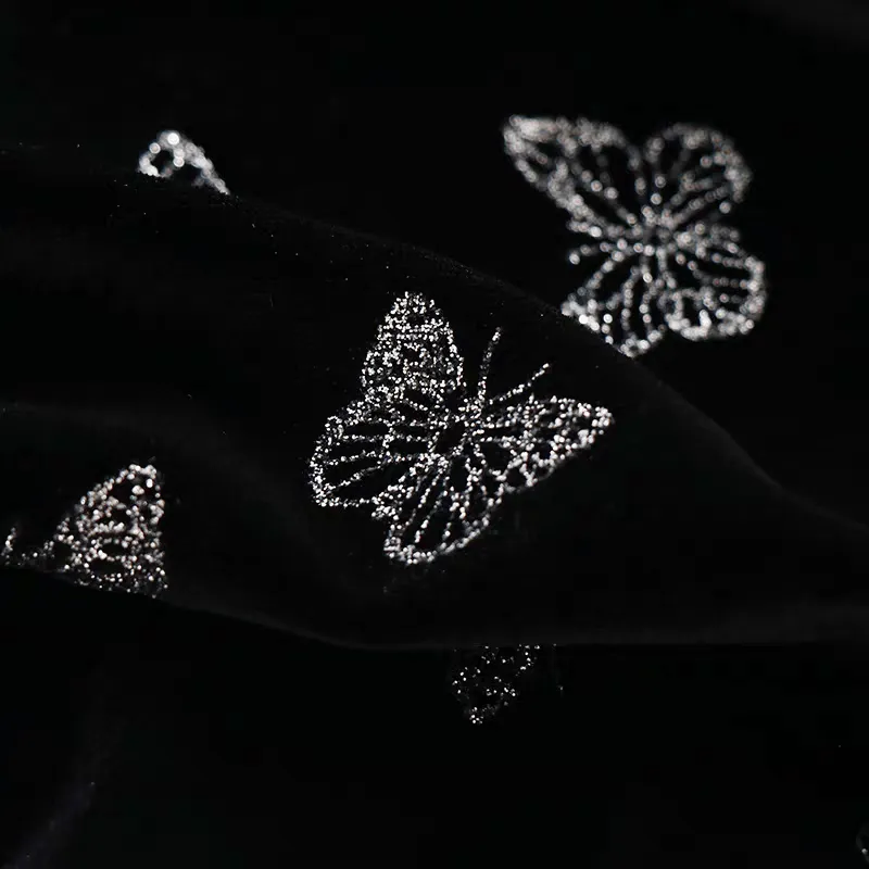 Black Velvet Fabric with Silver Butterfly Embroidery