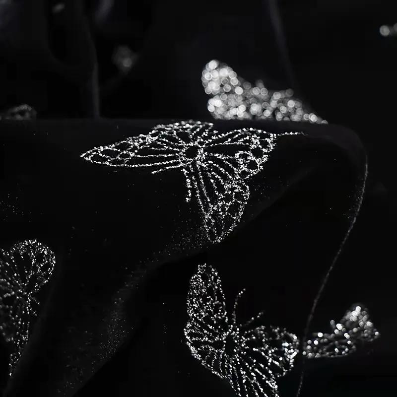 Black Velvet Fabric with Silver Butterfly Embroidery