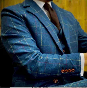 Blue Overcheck Twill 3 Piece Tweed Suit