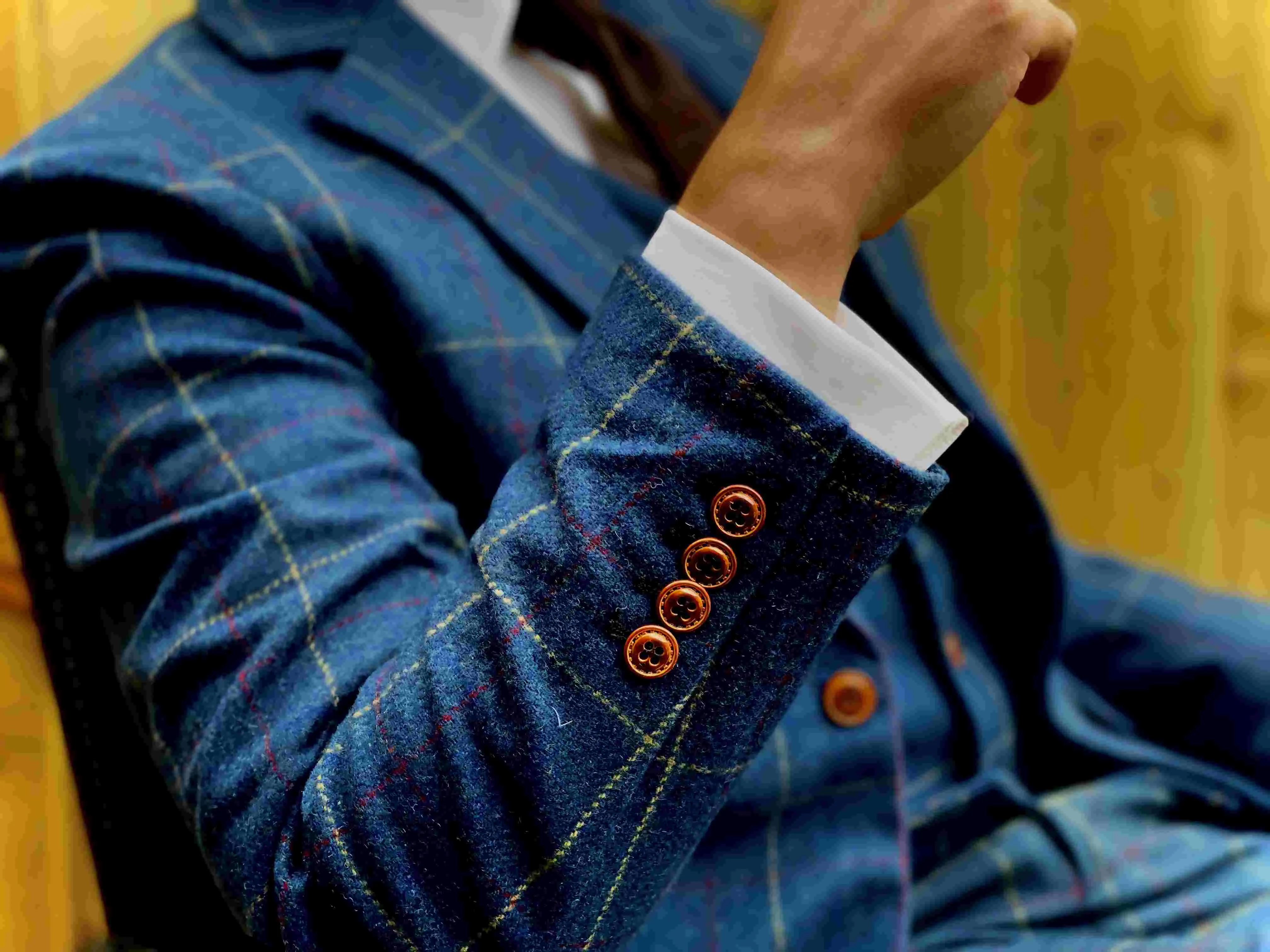 Blue Overcheck Twill 3 Piece Tweed Suit
