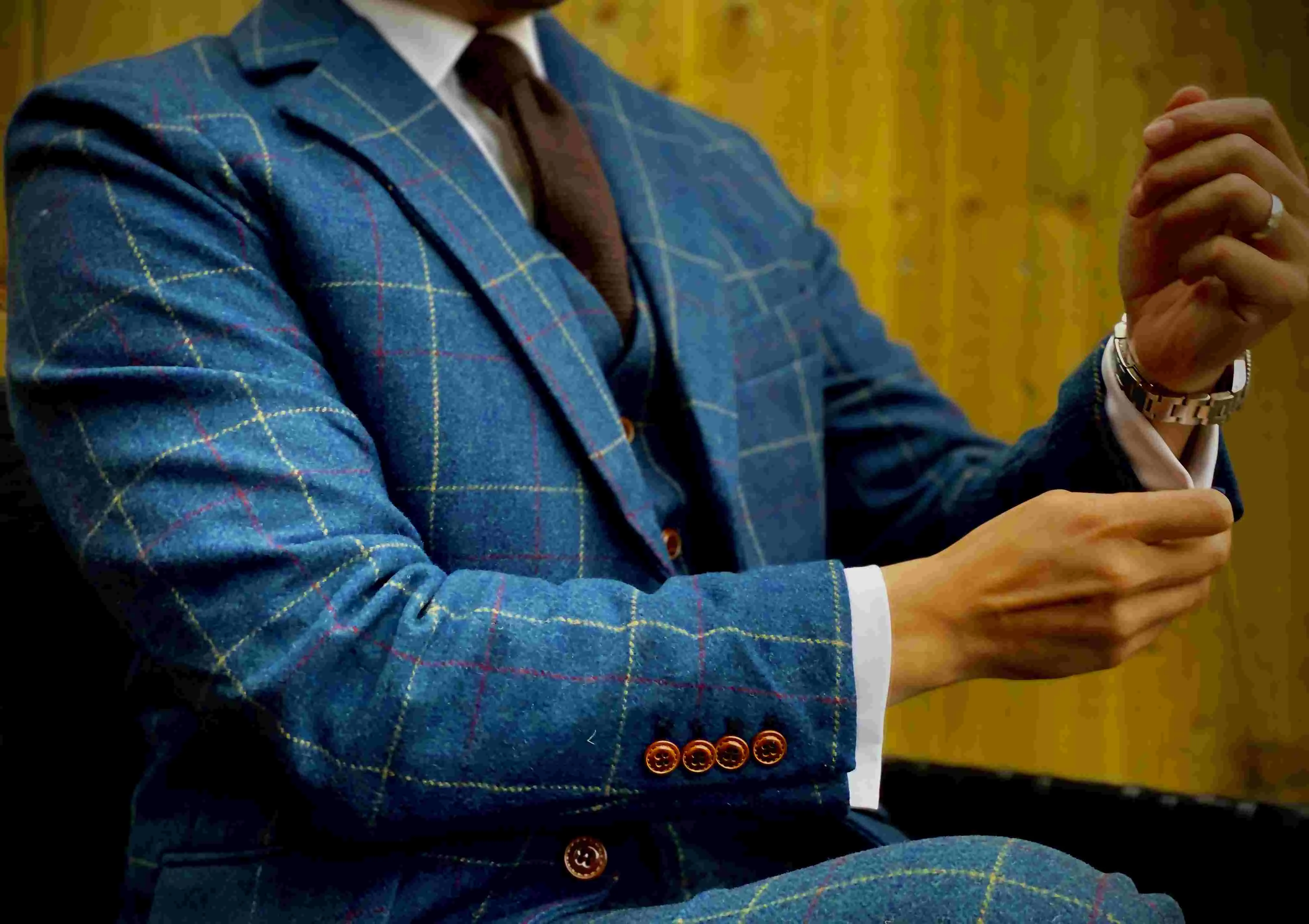 Blue Overcheck Twill 3 Piece Tweed Suit