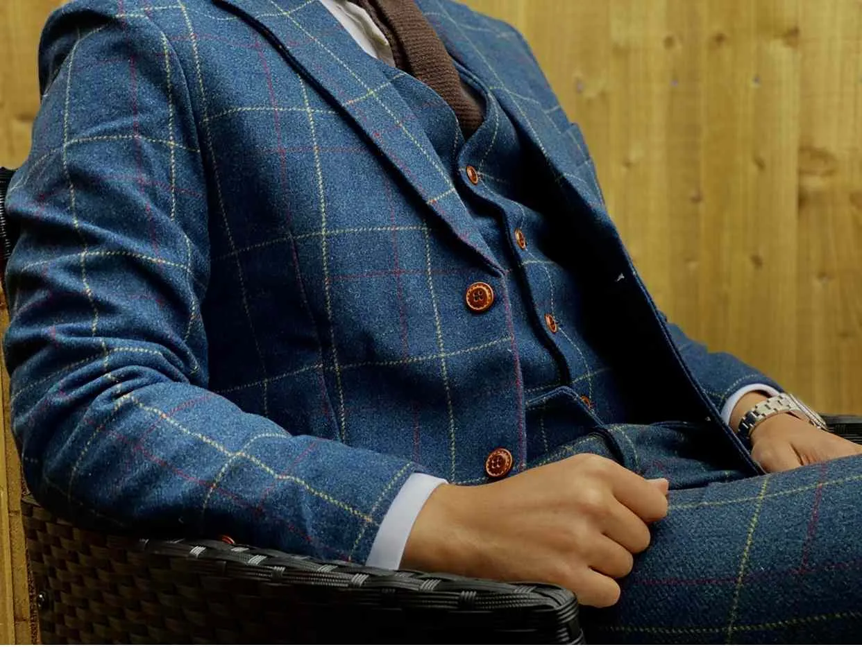 Blue Overcheck Twill 3 Piece Tweed Suit