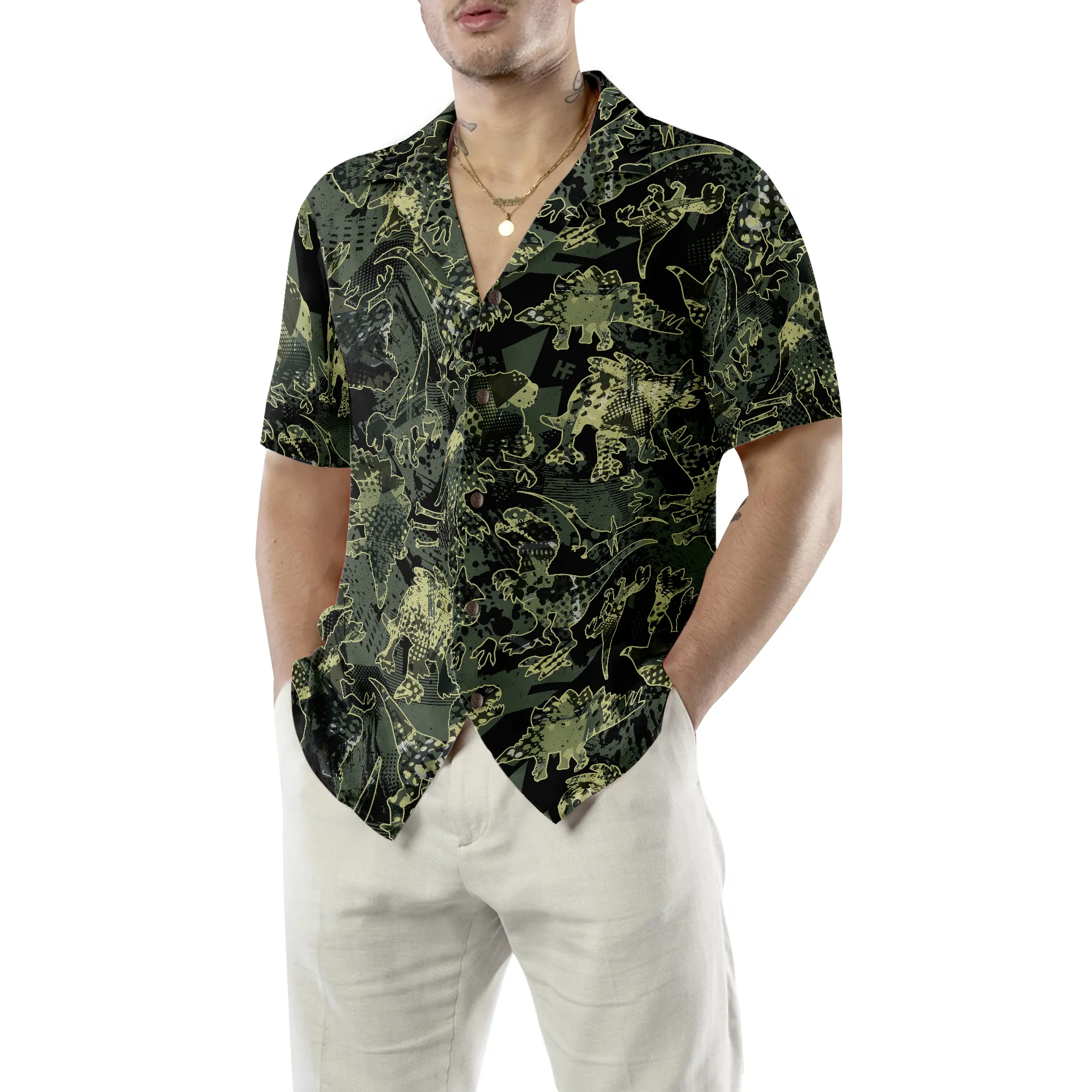 Camo Dinosaur Pattern Hawaiian Shirt, Dinosaur Hawaiian Shirt, Best Gift For Dinosaur Lover, Friend, Family