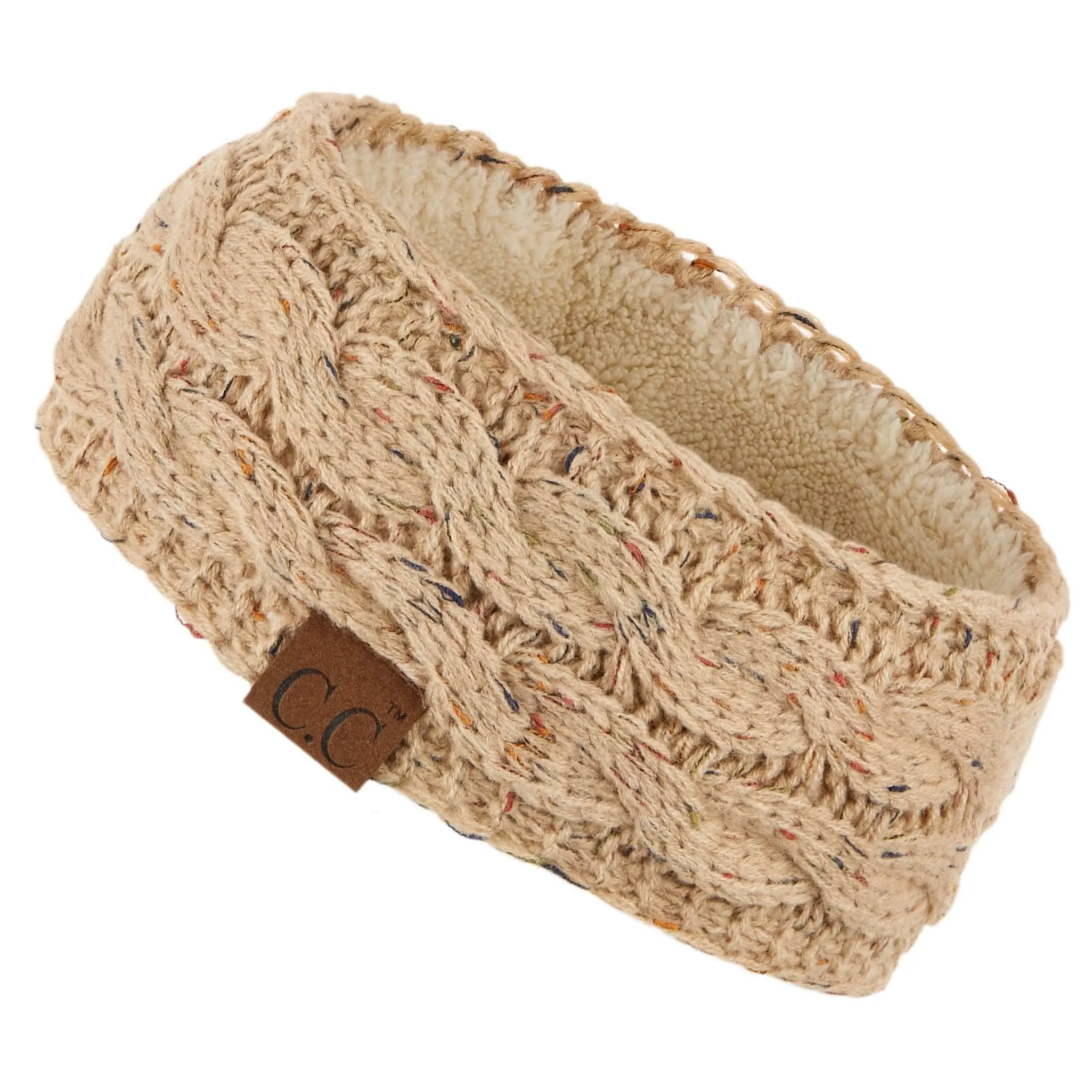 C.C Winter Fuzzy Fleece Lined Thick Knitted Headband Headwrap Earwarmer (HW-33) (Latte-Confetti)