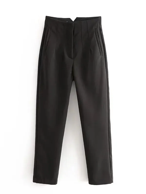 Chic Fashion Office Wear Straight Pants Vintage High Waist Zipper Fly Trousers