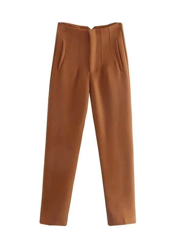Chic Fashion Office Wear Straight Pants Vintage High Waist Zipper Fly Trousers