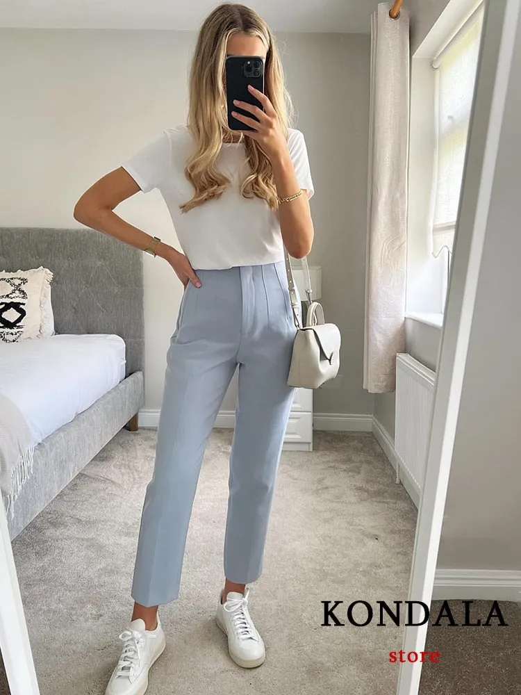 Chic Fashion Office Wear Straight Pants Vintage High Waist Zipper Fly Trousers