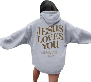 Christian Sweatshirts for Women Oversized Jesus Loves You Pullover Hoodie Pockets Casual Long Sleeve Thanksgiving T Shirts