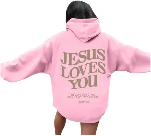 Christian Sweatshirts for Women Oversized Jesus Loves You Pullover Hoodie Pockets Casual Long Sleeve Thanksgiving T Shirts