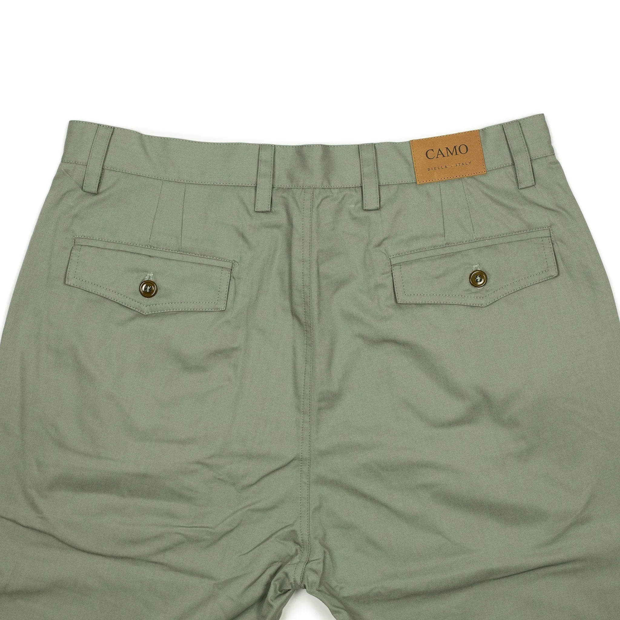 Comanche single-pleat trousers in pale olive light cotton twill
