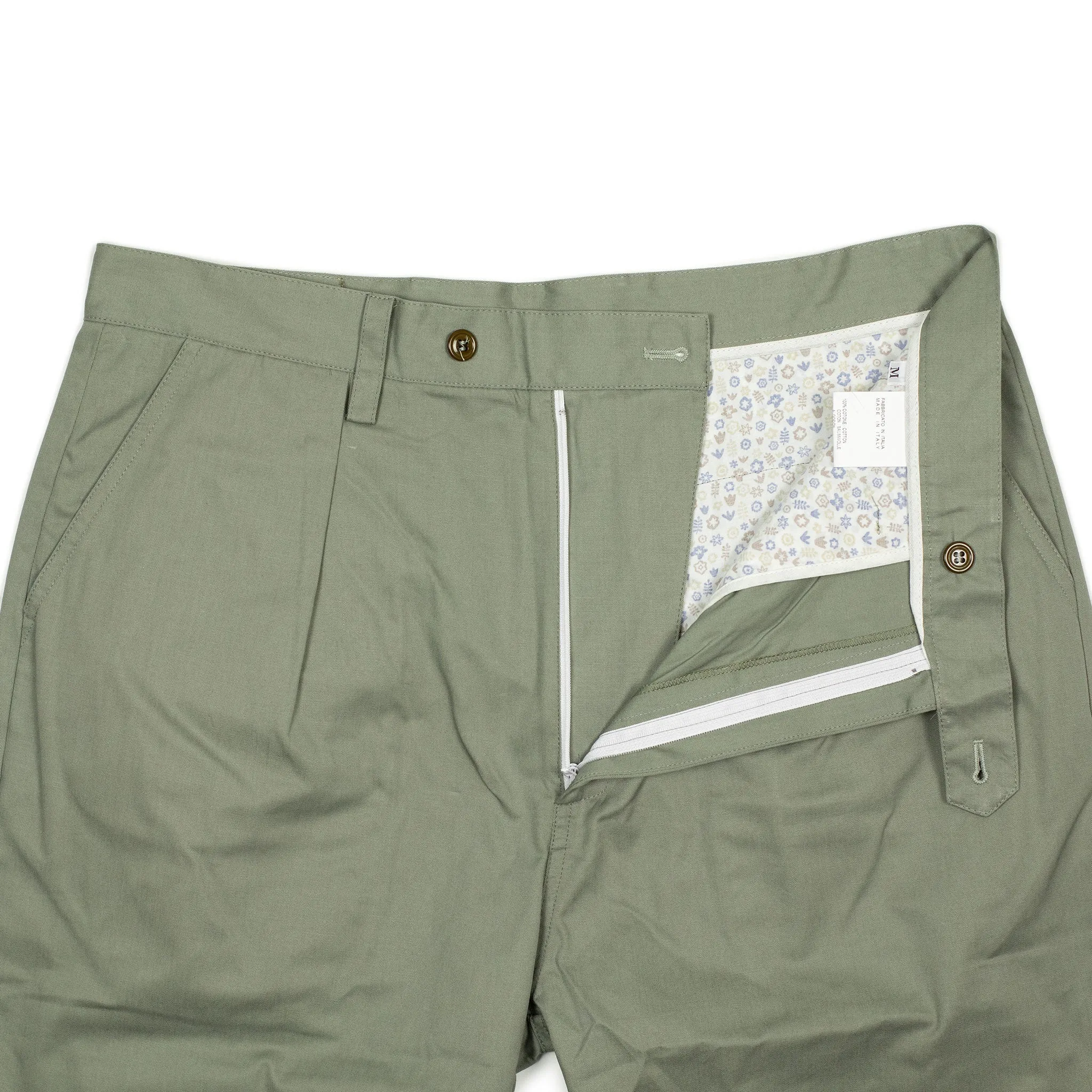 Comanche single-pleat trousers in pale olive light cotton twill
