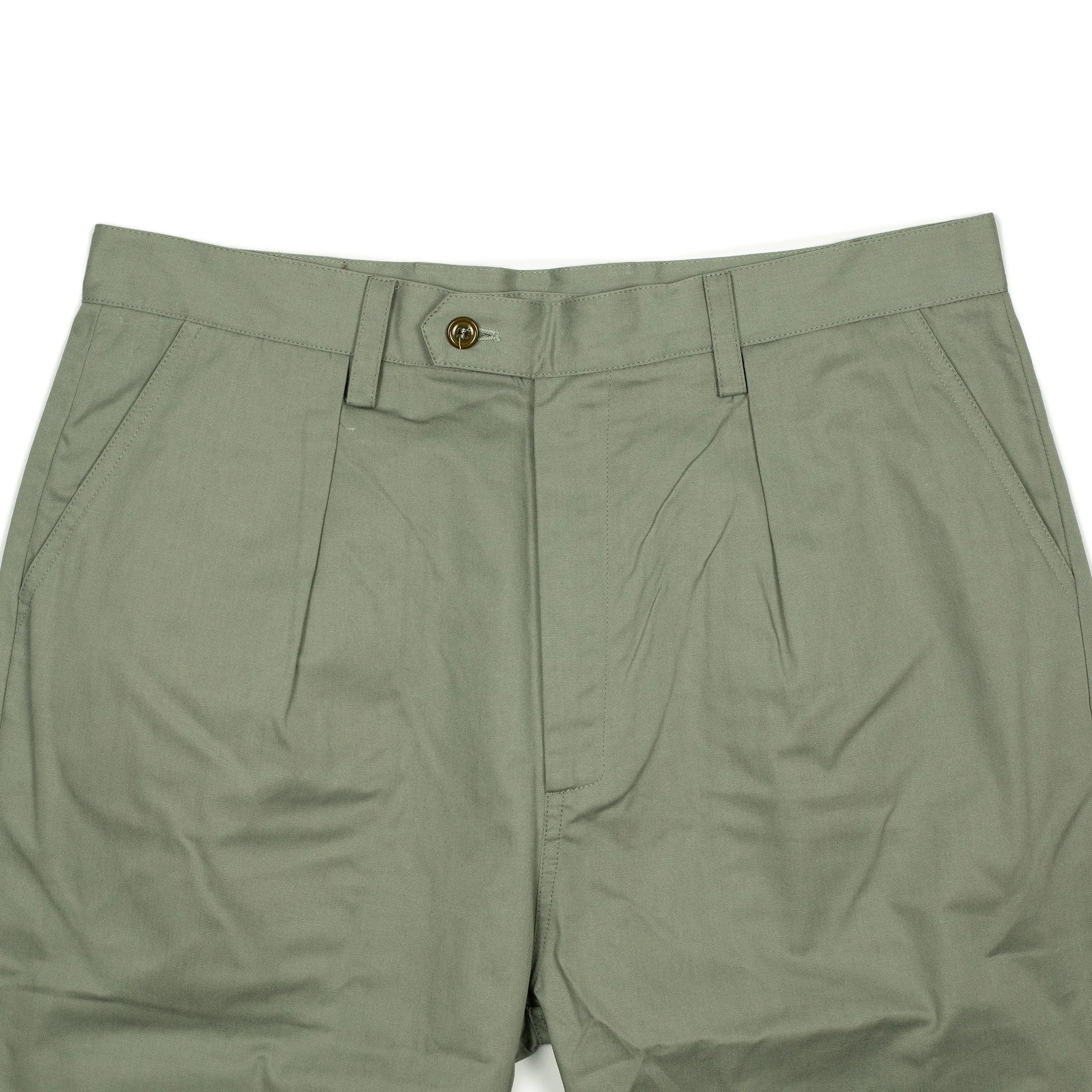 Comanche single-pleat trousers in pale olive light cotton twill
