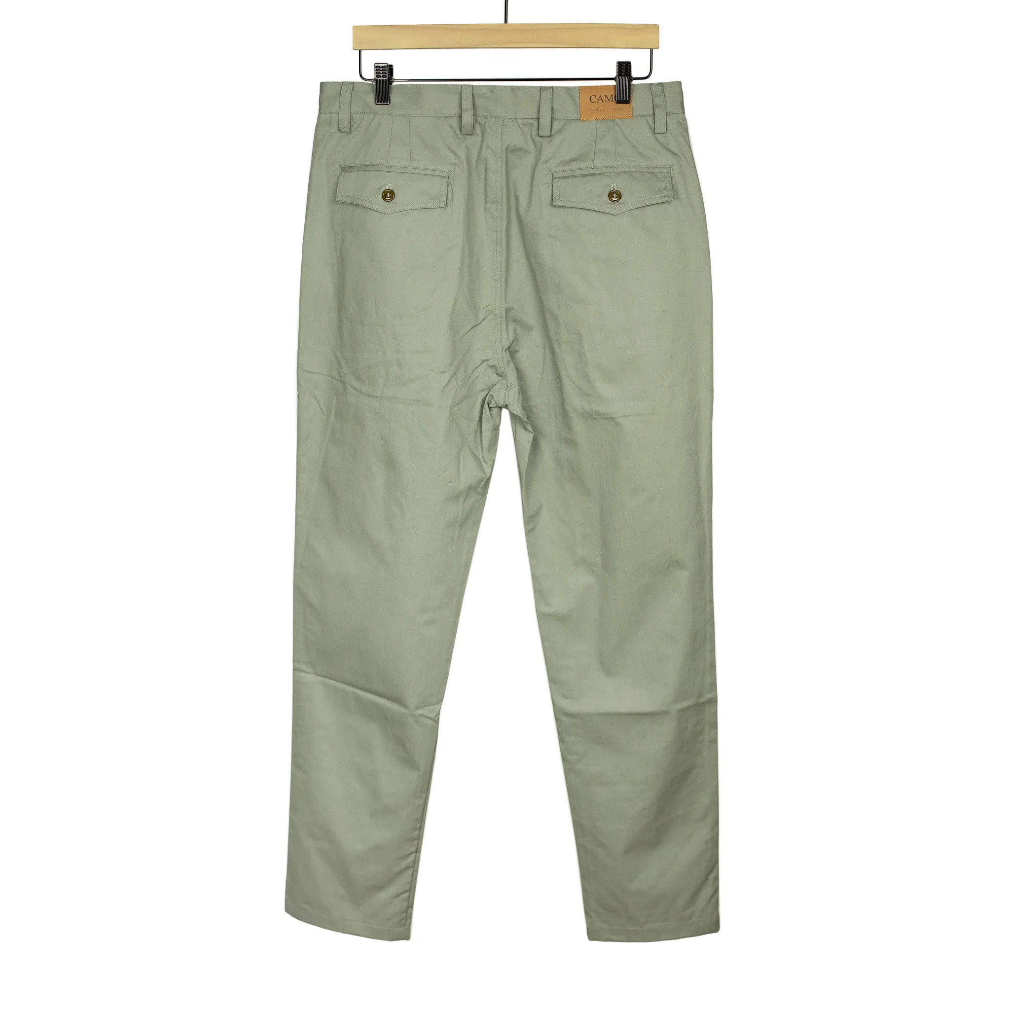 Comanche single-pleat trousers in pale olive light cotton twill