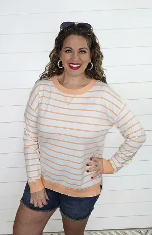 CORAL/WHITE STRIPED CREW NECK LIGHT WEIGHT SWEATER