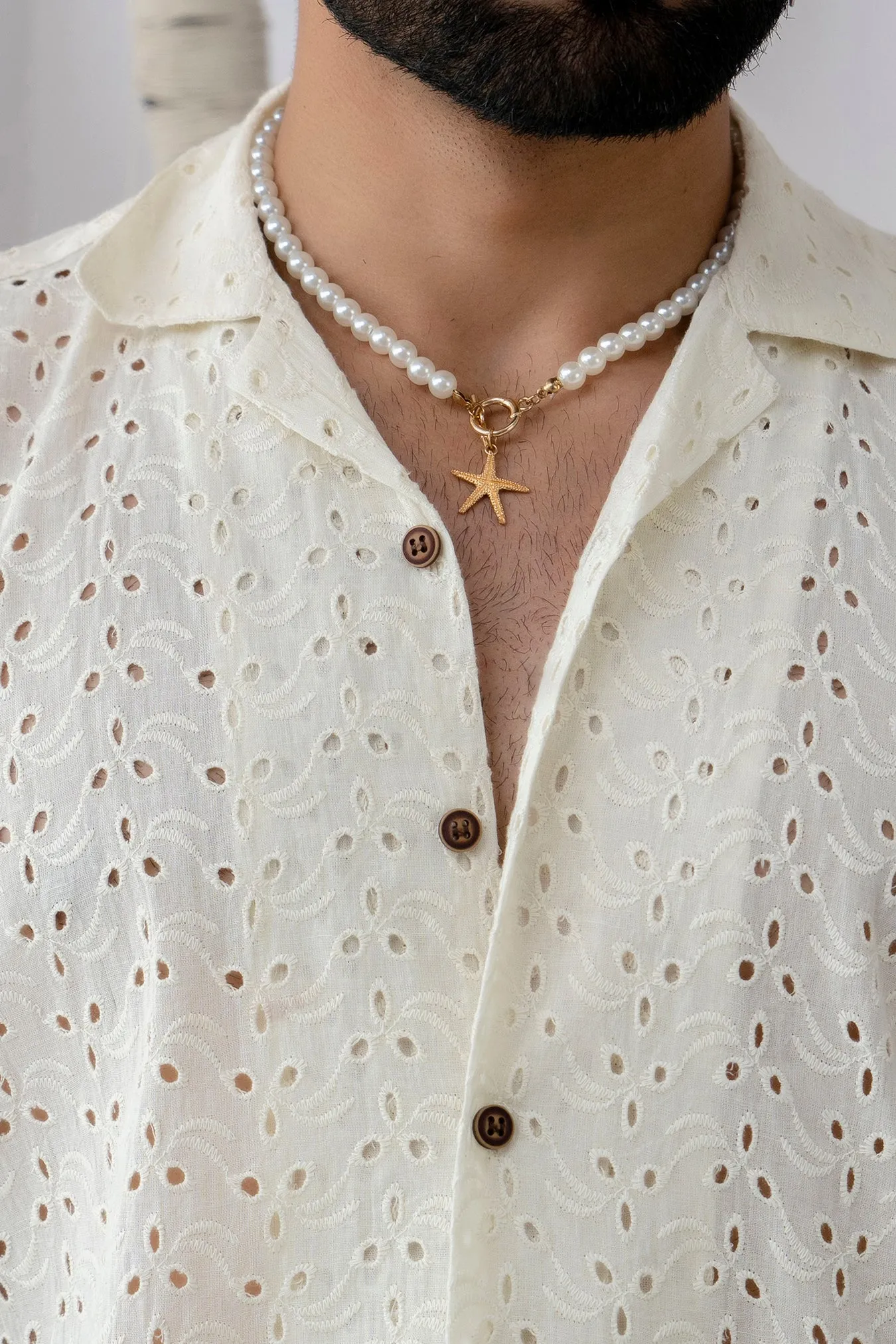 CUTWORK EMBROIDERY SHIRT OFF-WHITE WITH CAMP COLLAR