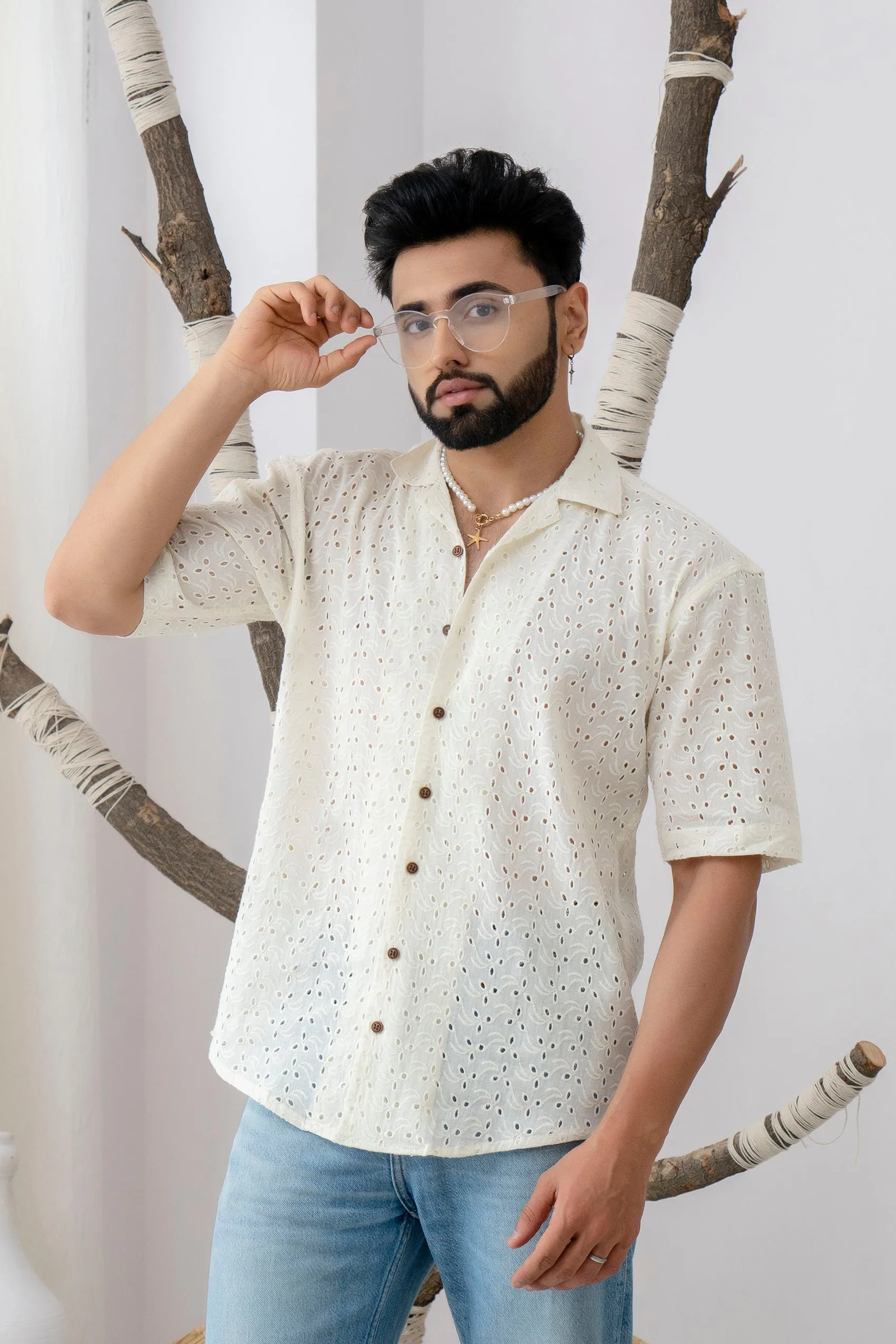 CUTWORK EMBROIDERY SHIRT OFF-WHITE WITH CAMP COLLAR