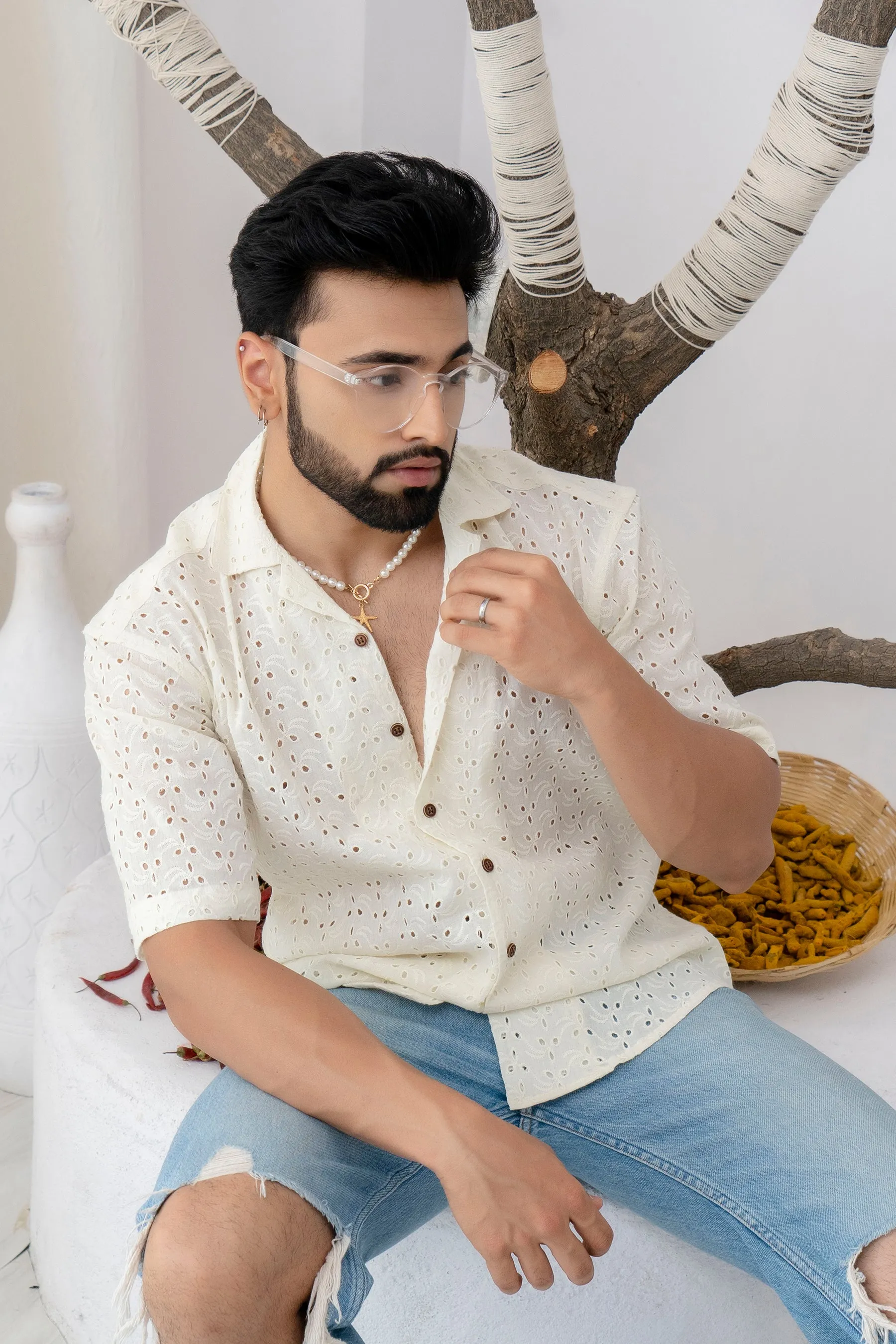 CUTWORK EMBROIDERY SHIRT OFF-WHITE WITH CAMP COLLAR