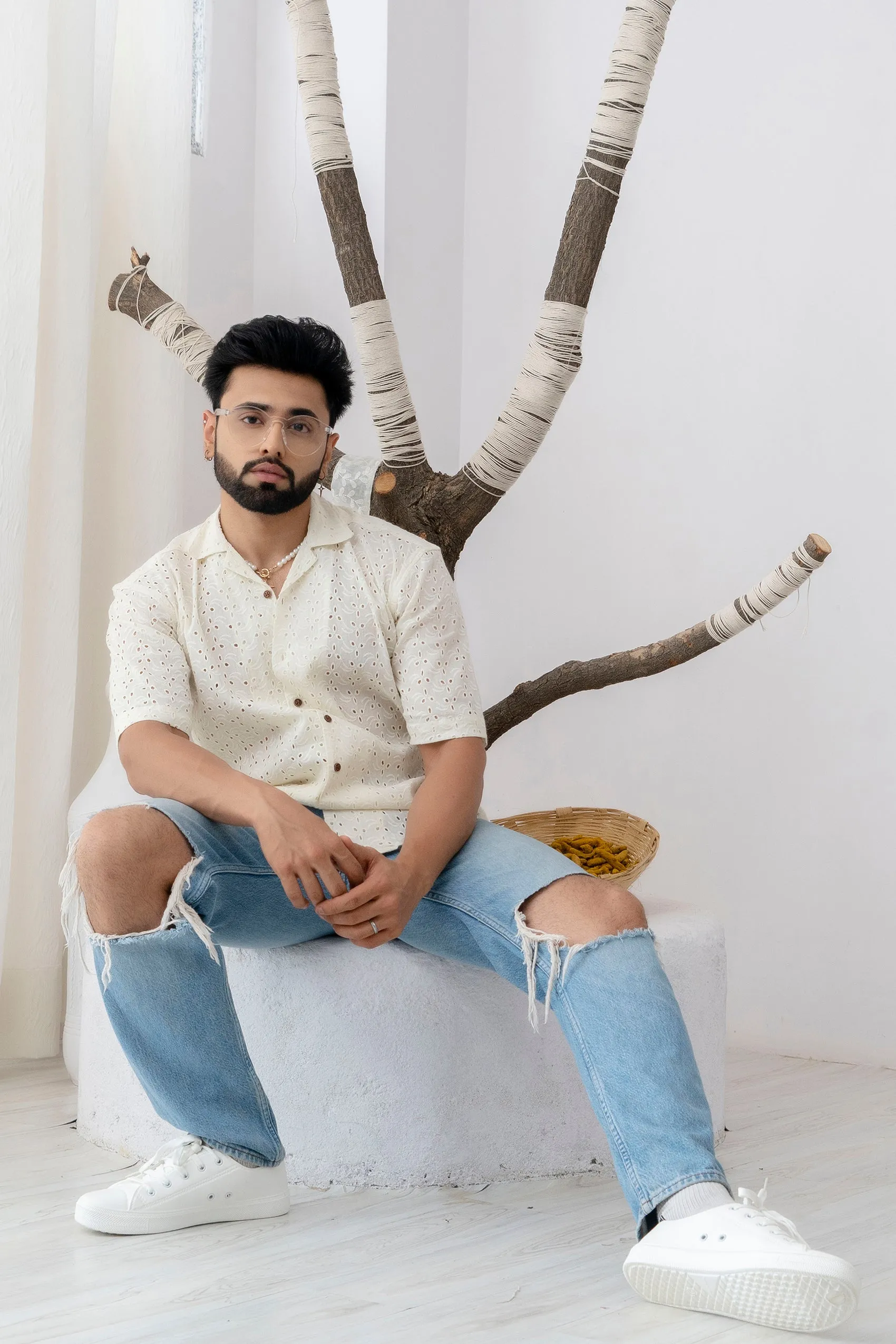 CUTWORK EMBROIDERY SHIRT OFF-WHITE WITH CAMP COLLAR