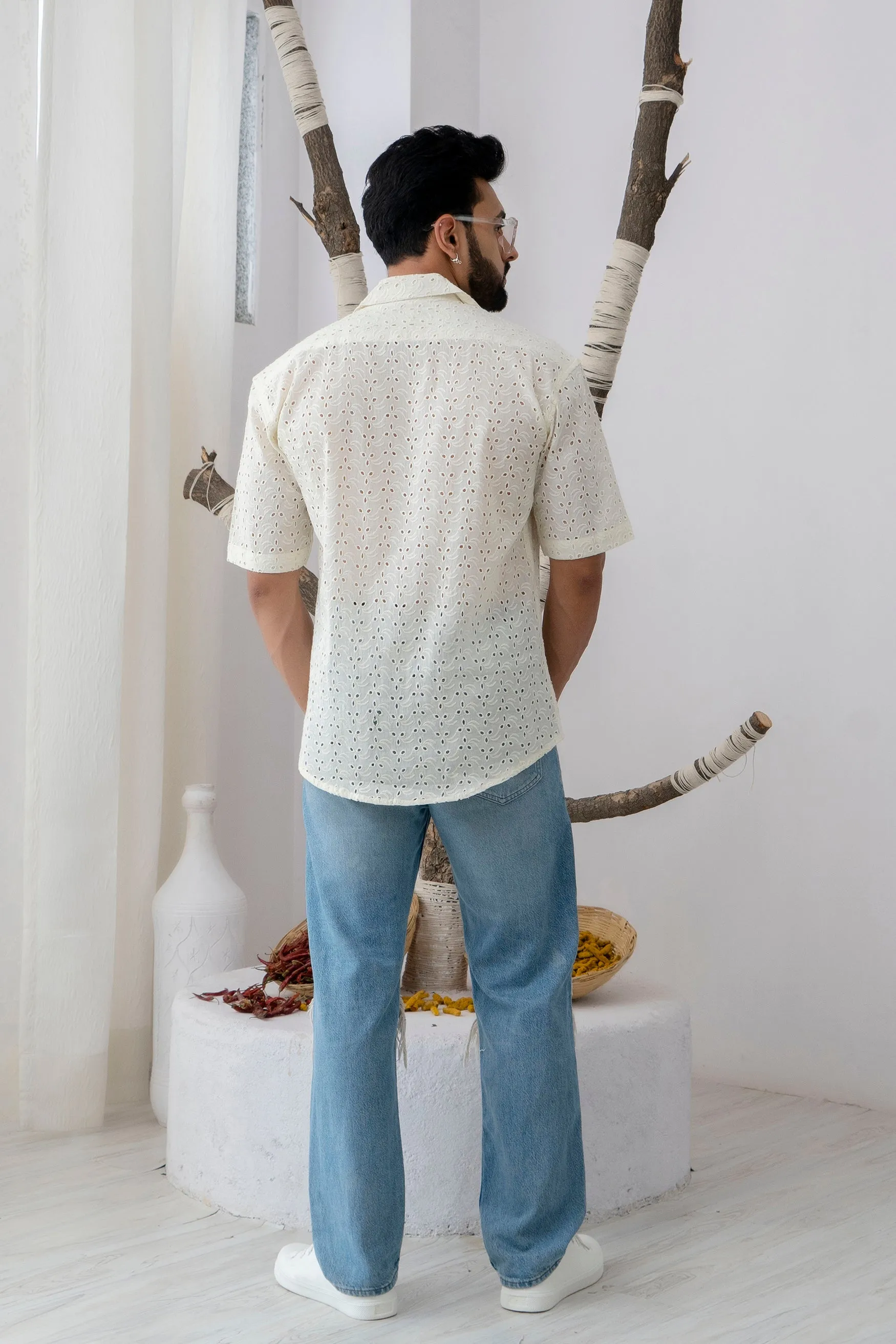 CUTWORK EMBROIDERY SHIRT OFF-WHITE WITH CAMP COLLAR