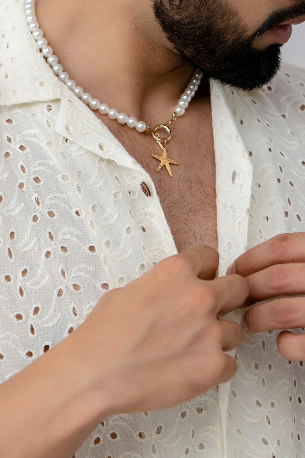 CUTWORK EMBROIDERY SHIRT OFF-WHITE WITH CAMP COLLAR